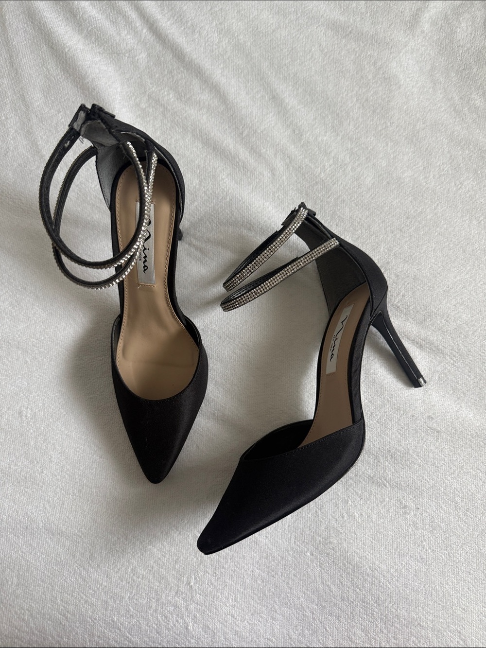 Nina Nikia Black Satin Pointed Toe Heel w/ double crystal ankle straps